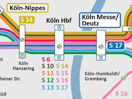 Ein Ausschnitt aus dem Liniennetzplan der S-Bahnen über Köln Hauptbahnhof.