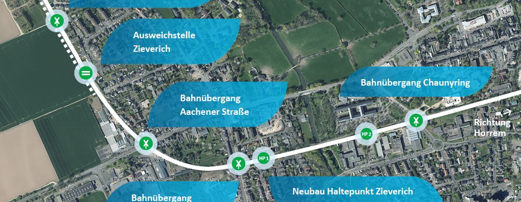 Eine Luftaufnahme von Zieverich. Eingezeichnet sind der Neubau Haltepunkt Zieverich und die Ausweichstelle Zieverich, ebenso wie die Bahnübergänge Gerhart-Hauptmann-Straße, Aachener Straße, Lechenicher Straße und Chaunyring.