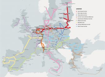 Karte der neun Kernkorridore des Transeuropäischen Verkehrsnetzes TEN-V der Europäischen Union