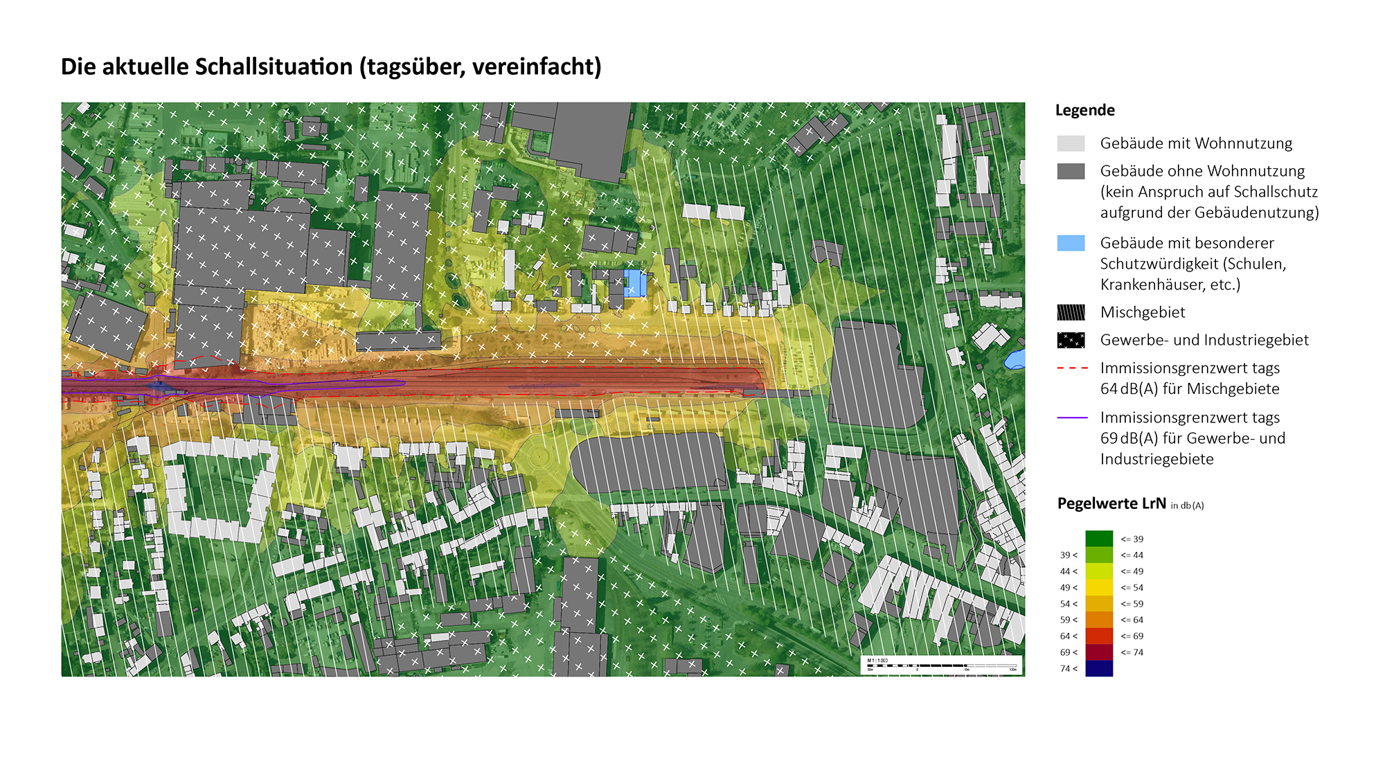 Eine Karte, die die Schallsituation tagsüber vor dem Ausbau der S-Bahn für den Bereich Bergisch Gladbach - Tannenbergstraße darstellt.
