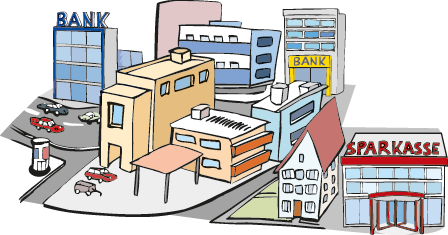 Eine Zeichnung von einer Stadt mit Straßen, Häusern, Autos, zwei Banken und einer Sparkasse.