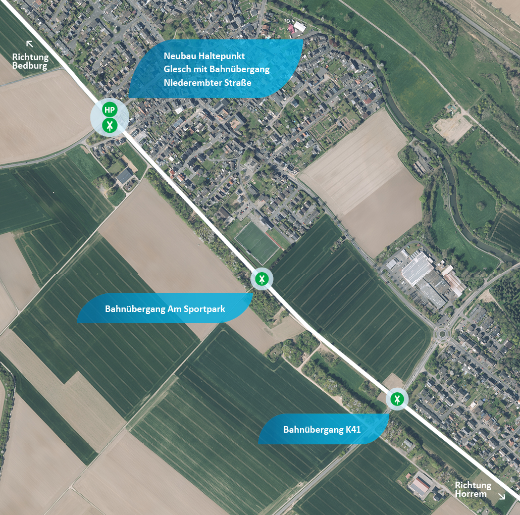 Eine Luftaufnahme von Glesch. Eingezeichnet sind der neue Haltepunkt Glesch mit dem Bahnübergang Niederembter Straße, der Bahnübergang am Sportpark und der Bahnübergang K41.